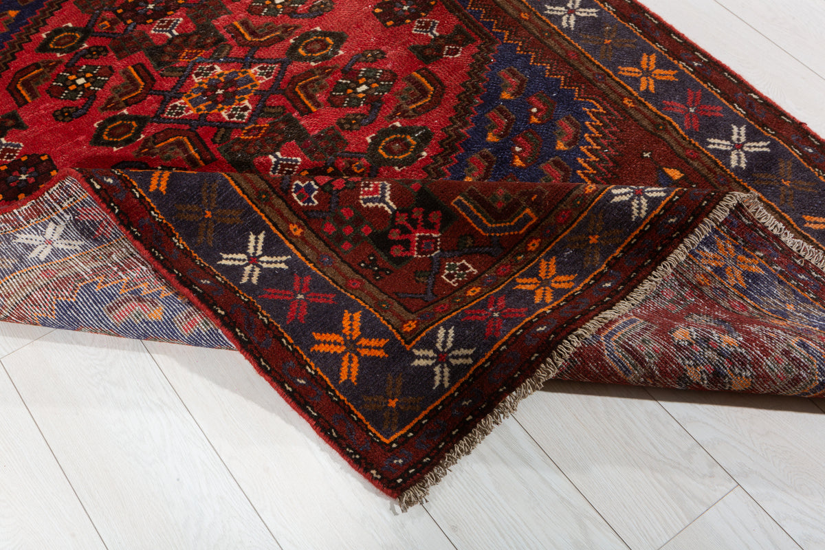 Vintage Rust Red, Navy Blue, Coral Geometric Medallion Hand-Knotted Area Rug – 6' 4" x 3' 11" (193 x 120 cm)