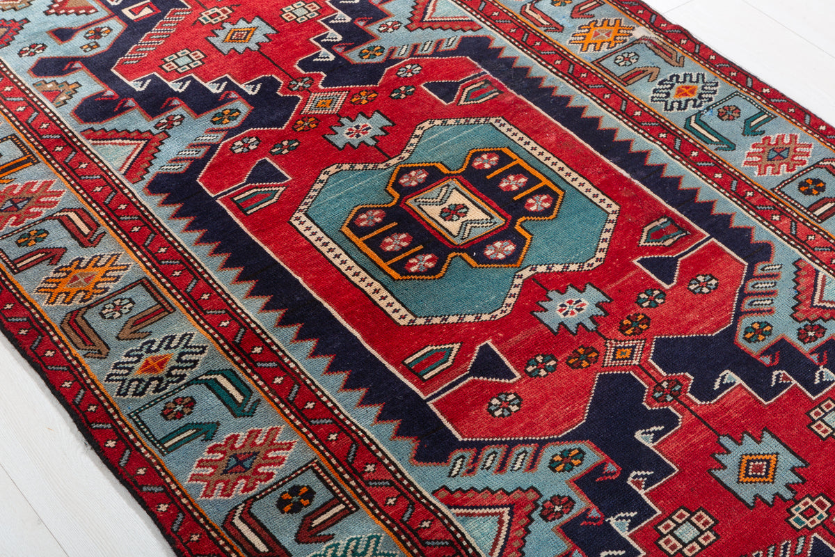 Rare Vintage Navy Blue, Red, Turquoise Geometric Medallion Hand-Knotted Area Rug – 6' 7" x 3' 11" (200 x 120 cm)