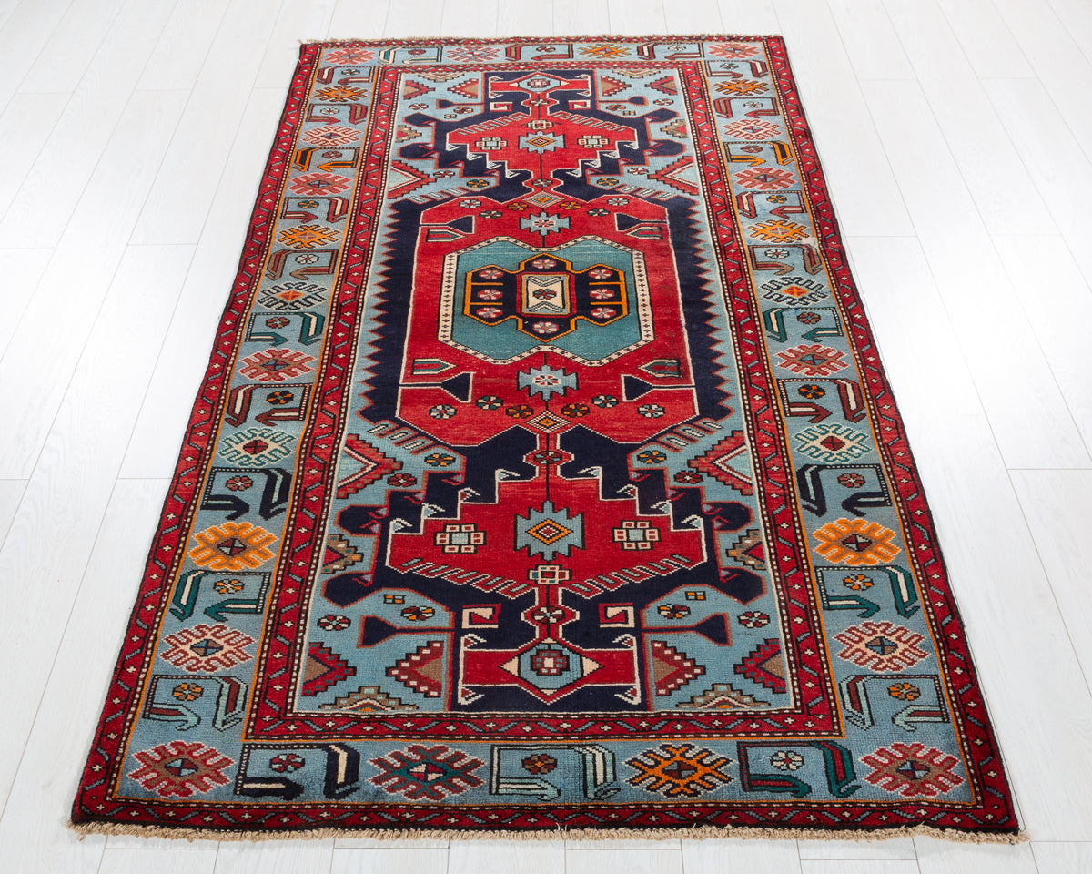 Rare Vintage Navy Blue, Red, Turquoise Geometric Medallion Hand-Knotted Area Rug – 6' 7" x 3' 11" (200 x 120 cm)
