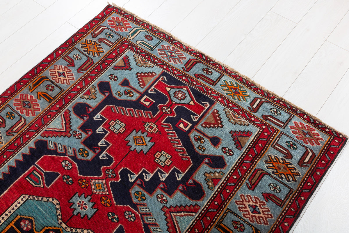 Rare Vintage Navy Blue, Red, Turquoise Geometric Medallion Hand-Knotted Area Rug – 6' 7" x 3' 11" (200 x 120 cm)