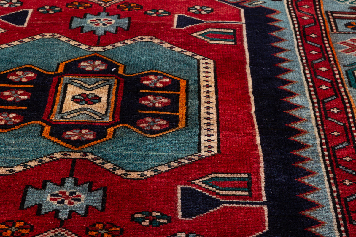 Rare Vintage Navy Blue, Red, Turquoise Geometric Medallion Hand-Knotted Area Rug – 6' 7" x 3' 11" (200 x 120 cm)