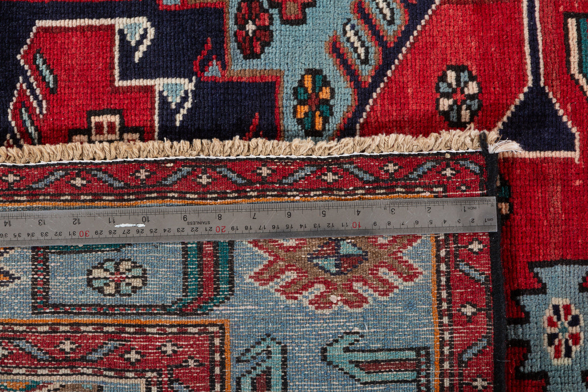 Rare Vintage Navy Blue, Red, Turquoise Geometric Medallion Hand-Knotted Area Rug – 6' 7" x 3' 11" (200 x 120 cm)