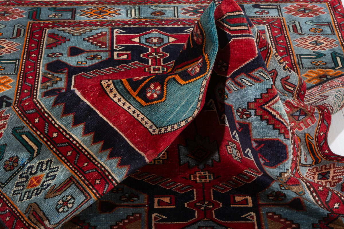 Rare Vintage Navy Blue, Red, Turquoise Geometric Medallion Hand-Knotted Area Rug – 6' 7" x 3' 11" (200 x 120 cm)
