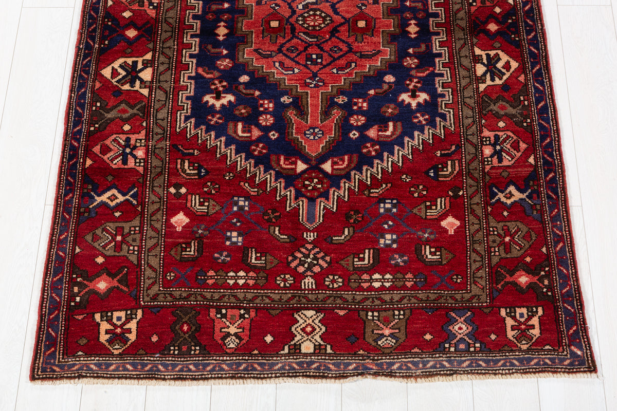 Rare Vintage Red, Navy Blue Central Medallion Hand-Knotted Area Rug – 6' 5" x 4' 1" (196 x 124 cm)