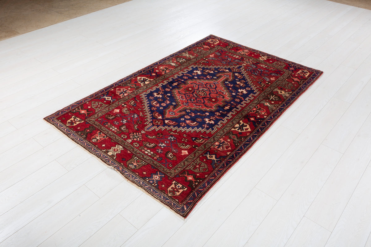 Rare Vintage Red, Navy Blue Central Medallion Hand-Knotted Area Rug – 6' 5" x 4' 1" (196 x 124 cm)