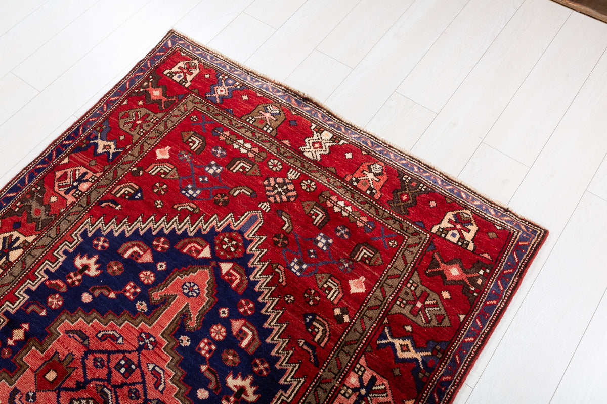 Rare Vintage Red, Navy Blue Central Medallion Hand-Knotted Area Rug – 6' 5" x 4' 1" (196 x 124 cm)