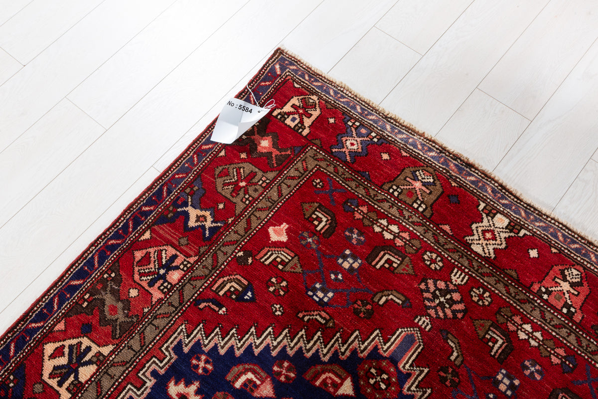 Rare Vintage Red, Navy Blue Central Medallion Hand-Knotted Area Rug – 6' 5" x 4' 1" (196 x 124 cm)