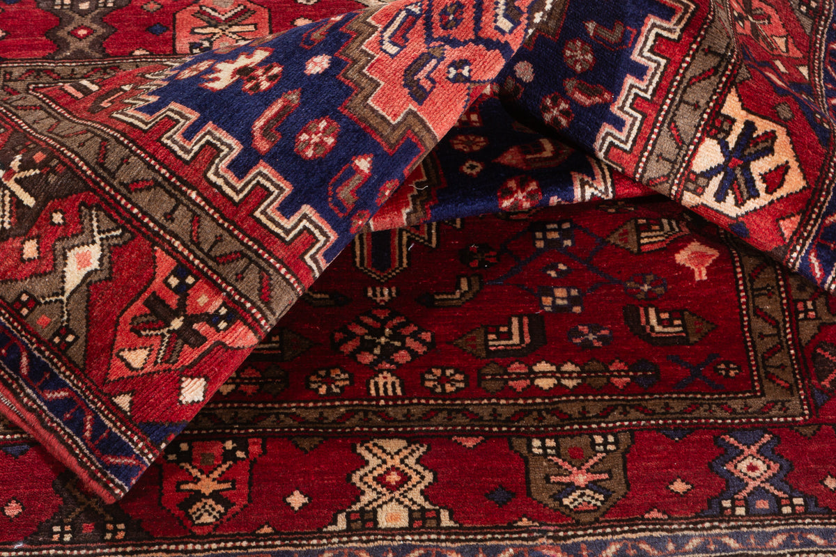 Rare Vintage Red, Navy Blue Central Medallion Hand-Knotted Area Rug – 6' 5" x 4' 1" (196 x 124 cm)