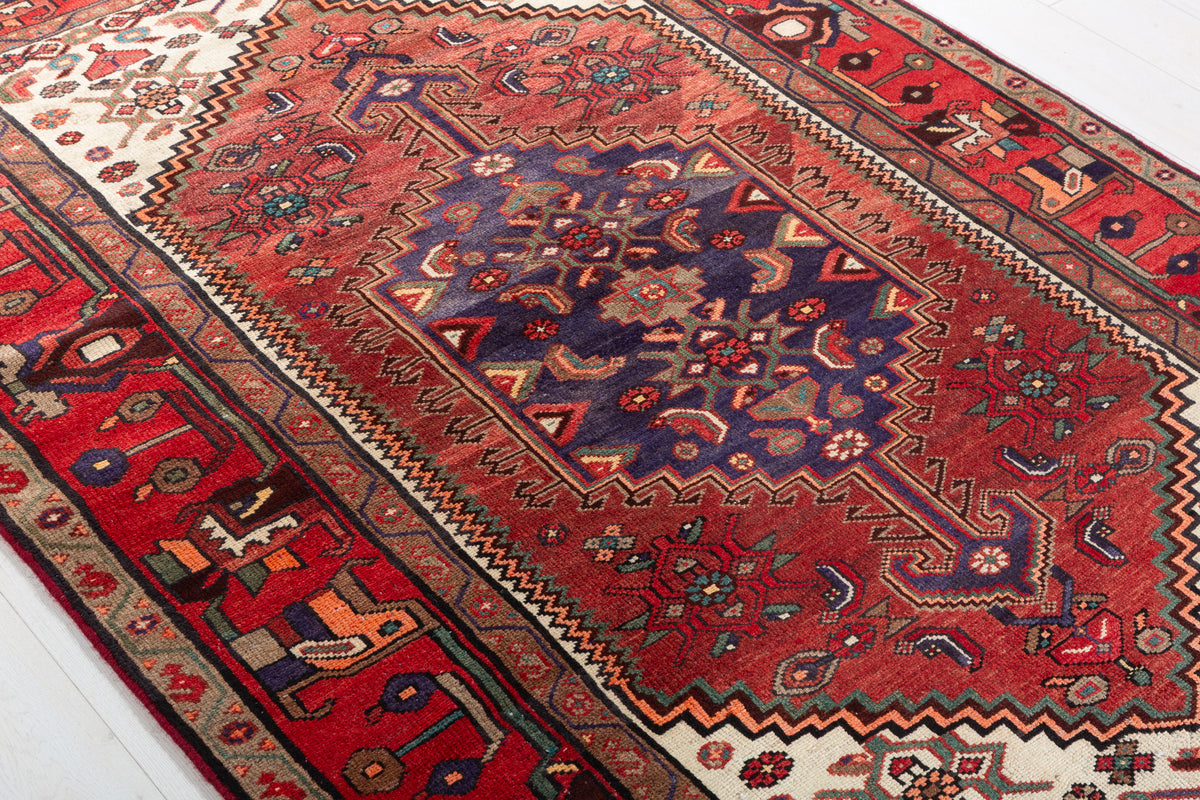 Rare Semi-Antique Rust Red, Navy Blue, Beige Central Medallion Hand-Knotted Area Rug – 6' 9" x 4' 7" (207 x 140 cm)