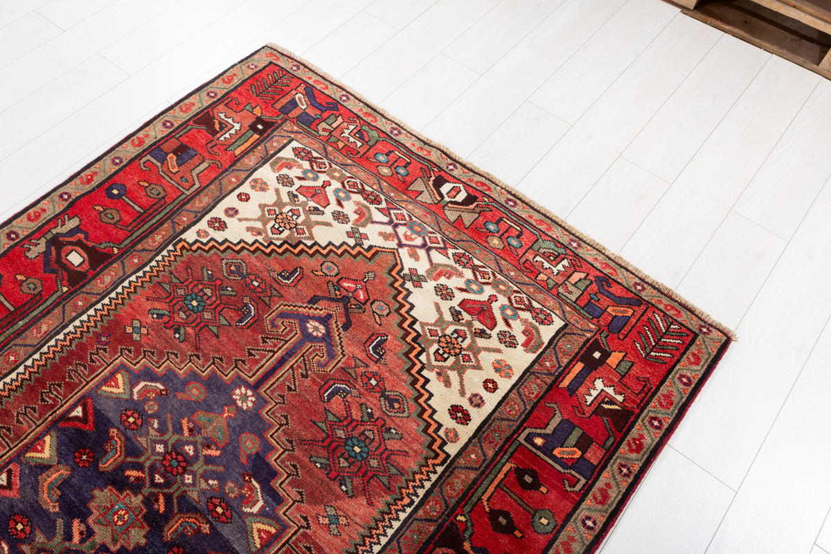 Rare Semi-Antique Rust Red, Navy Blue, Beige Central Medallion Hand-Knotted Area Rug – 6' 9" x 4' 7" (207 x 140 cm)