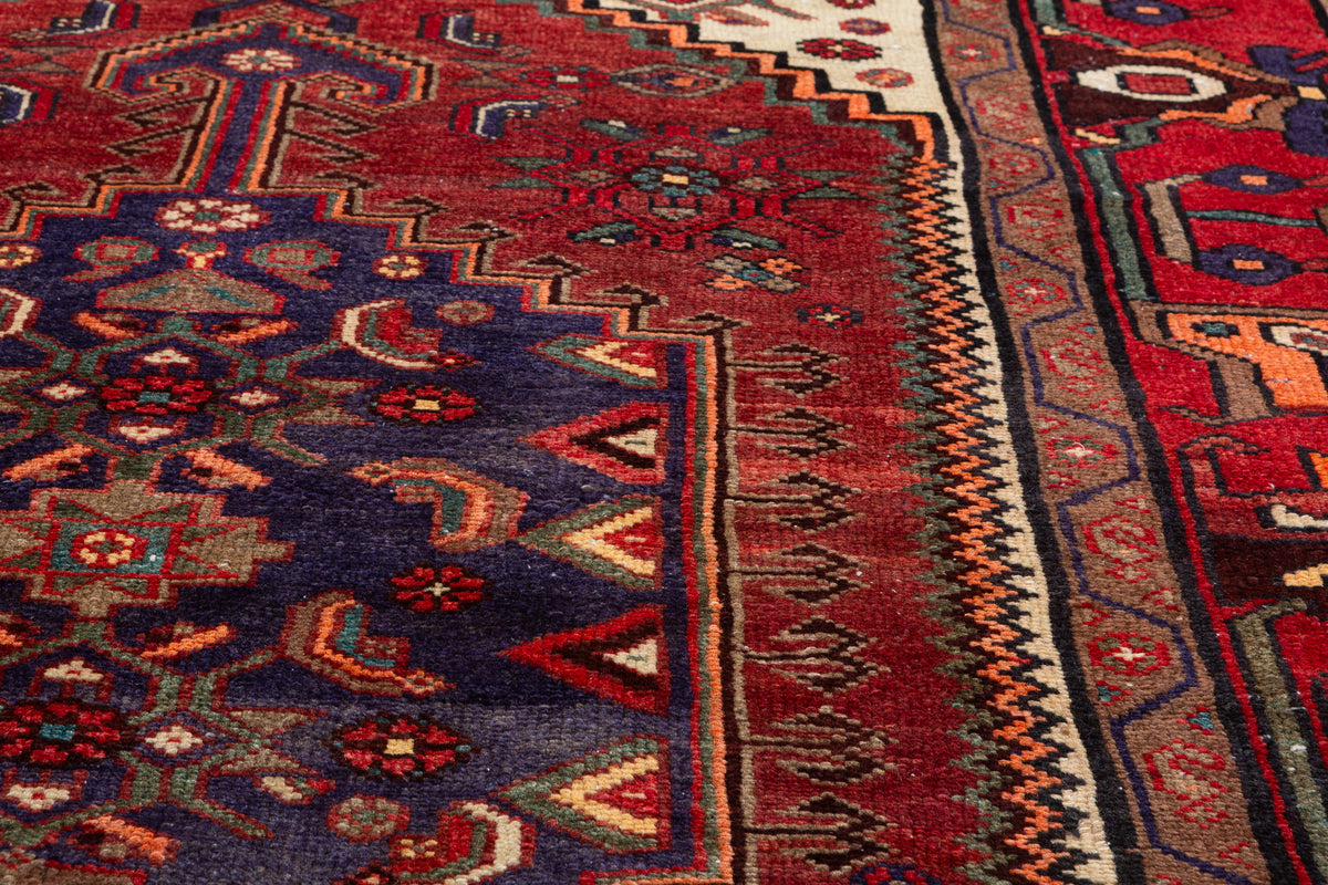 Rare Semi-Antique Rust Red, Navy Blue, Beige Central Medallion Hand-Knotted Area Rug – 6' 9" x 4' 7" (207 x 140 cm)