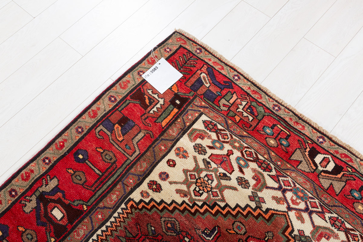 Rare Semi-Antique Rust Red, Navy Blue, Beige Central Medallion Hand-Knotted Area Rug – 6' 9" x 4' 7" (207 x 140 cm)