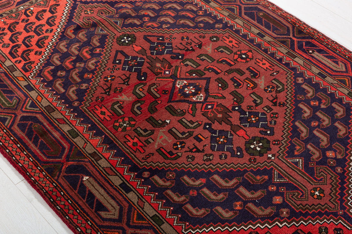 Vintage Rust Red, Coral, Navy Blue Central Medallion Hand-Knotted Area Rug – 6' 2" x 4' 2" (187 x 126 cm)