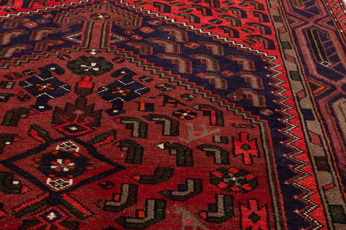 Vintage Rust Red, Coral, Navy Blue Central Medallion Hand-Knotted Area Rug – 6' 2" x 4' 2" (187 x 126 cm)
