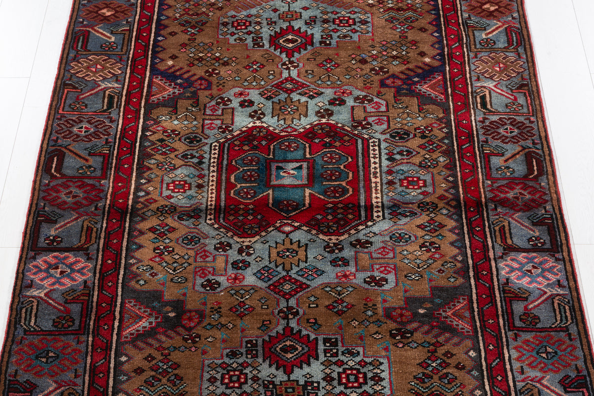 Rare Vintage Brown, Turquoise Blue Allover Geometric Hand-Knotted Area Rug – 7' 2" x 4' 6" (219 x 136 cm)