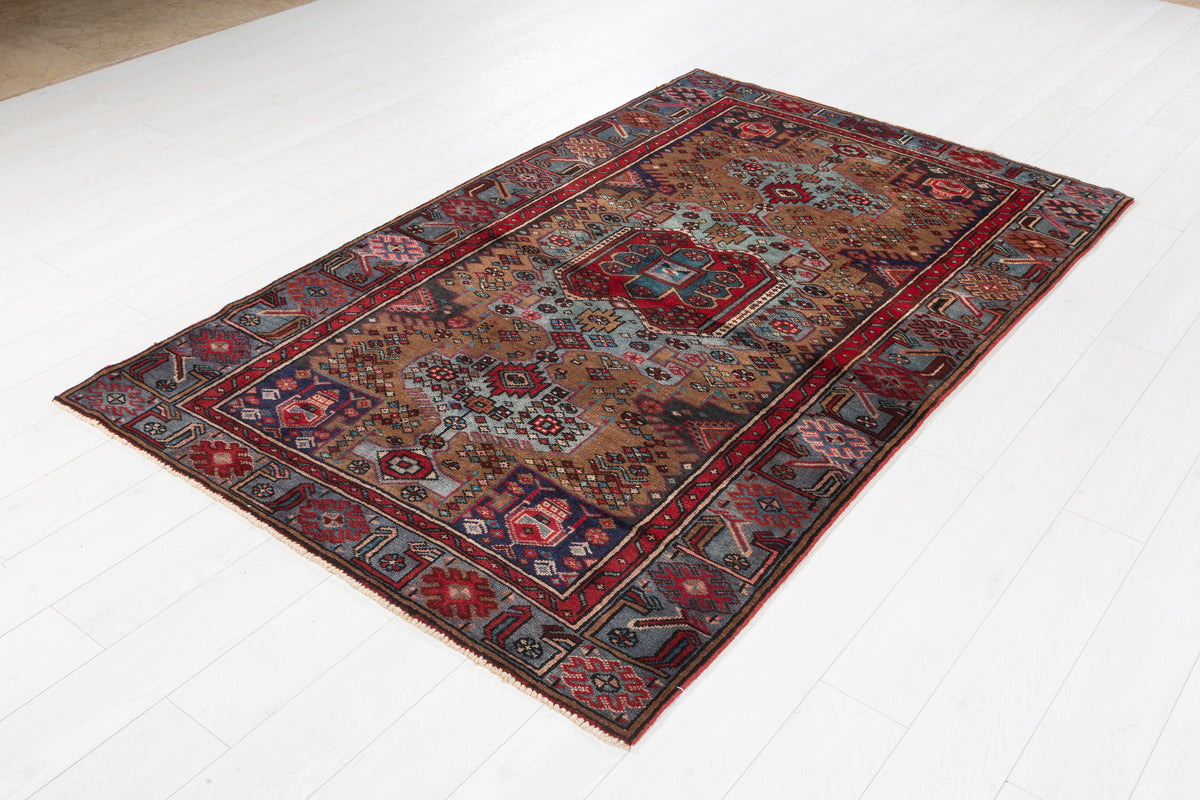 Rare Vintage Brown, Turquoise Blue Allover Geometric Hand-Knotted Area Rug – 7' 2" x 4' 6" (219 x 136 cm)