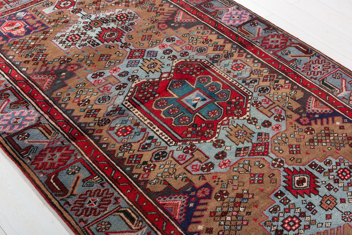 Rare Vintage Brown, Turquoise Blue Allover Geometric Hand-Knotted Area Rug – 7' 2" x 4' 6" (219 x 136 cm)