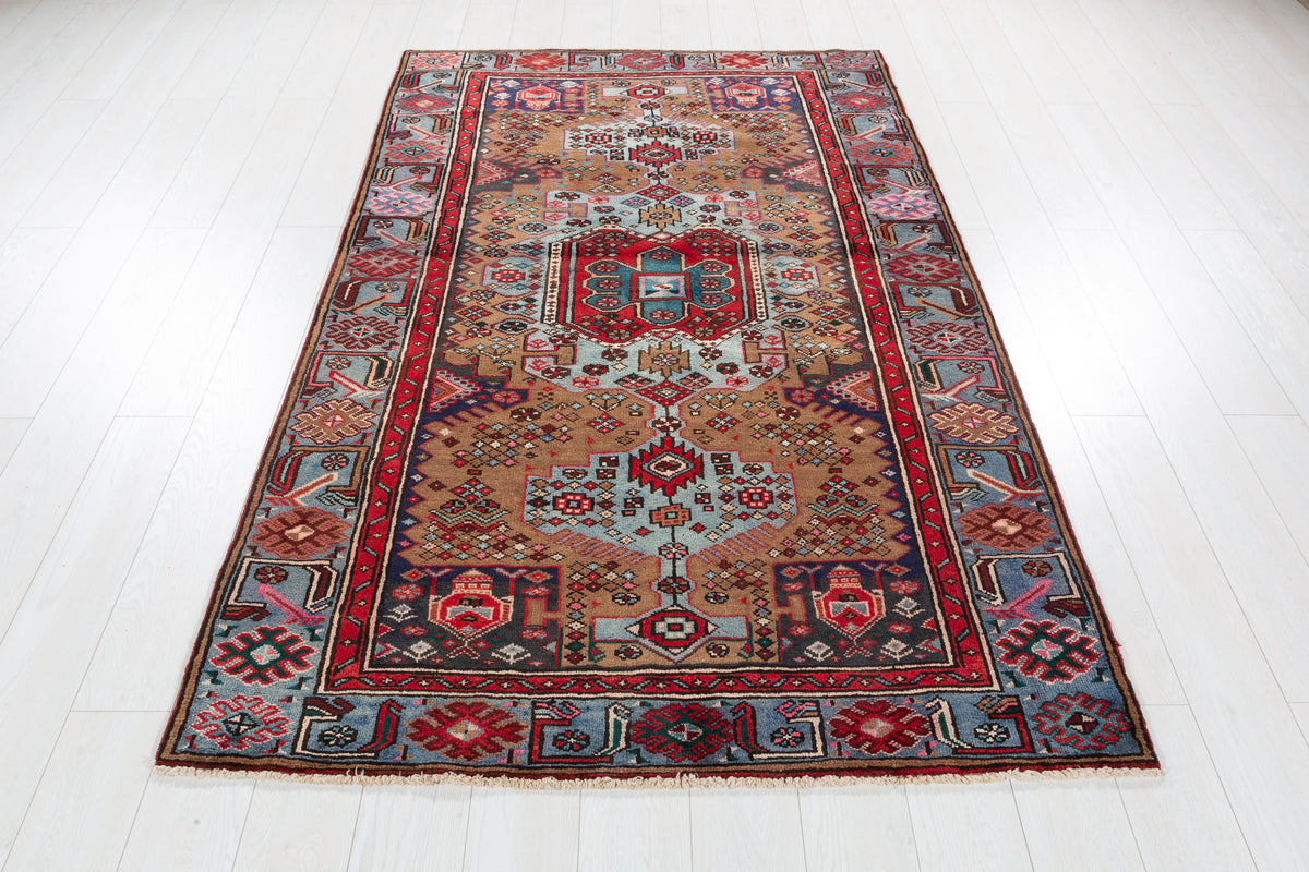 Rare Vintage Brown, Turquoise Blue Allover Geometric Hand-Knotted Area Rug – 7' 2" x 4' 6" (219 x 136 cm)