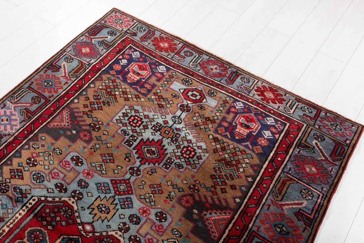 Rare Vintage Brown, Turquoise Blue Allover Geometric Hand-Knotted Area Rug – 7' 2" x 4' 6" (219 x 136 cm)