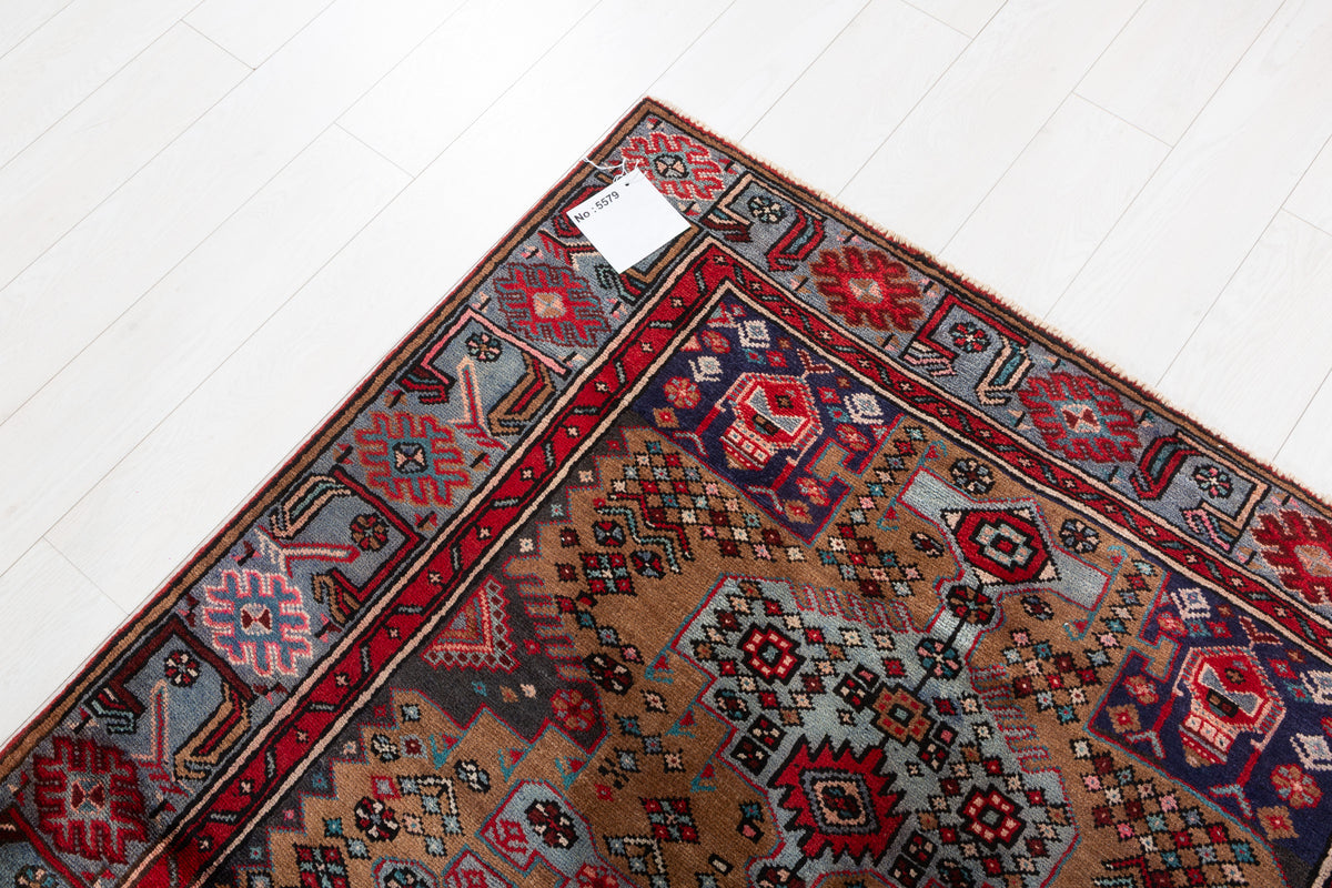 Rare Vintage Brown, Turquoise Blue Allover Geometric Hand-Knotted Area Rug – 7' 2" x 4' 6" (219 x 136 cm)