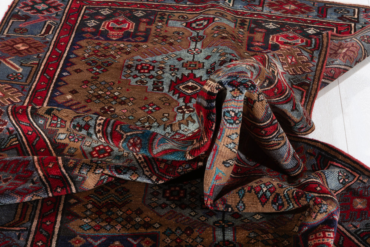 Rare Vintage Brown, Turquoise Blue Allover Geometric Hand-Knotted Area Rug – 7' 2" x 4' 6" (219 x 136 cm)