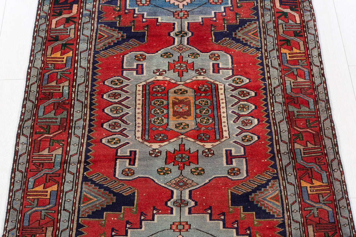 Rare Vintage Red, Light Blue Central Medallion Hand-Knotted Area Rug – 6' 10" x 4' 0" (208 x 122 cm)