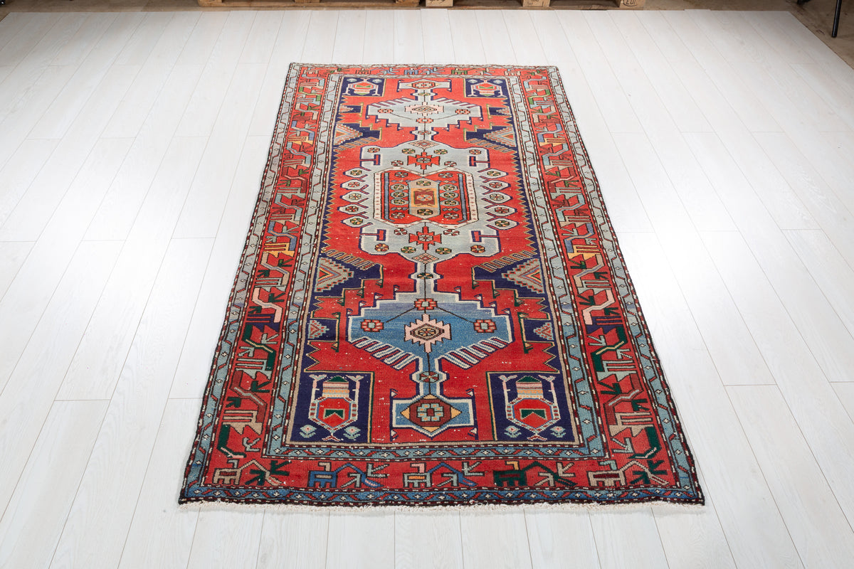Rare Vintage Red, Light Blue Central Medallion Hand-Knotted Area Rug – 6' 10" x 4' 0" (208 x 122 cm)