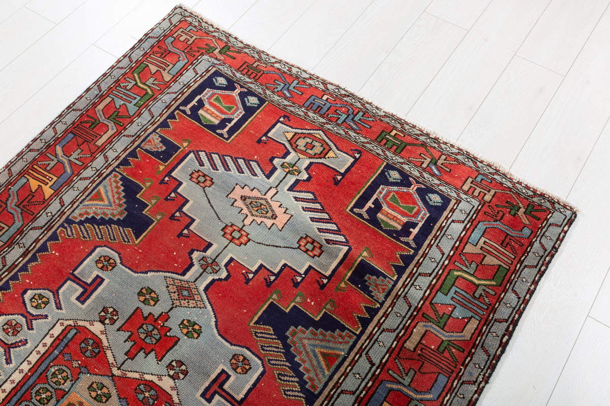 Rare Vintage Red, Light Blue Central Medallion Hand-Knotted Area Rug – 6' 10" x 4' 0" (208 x 122 cm)