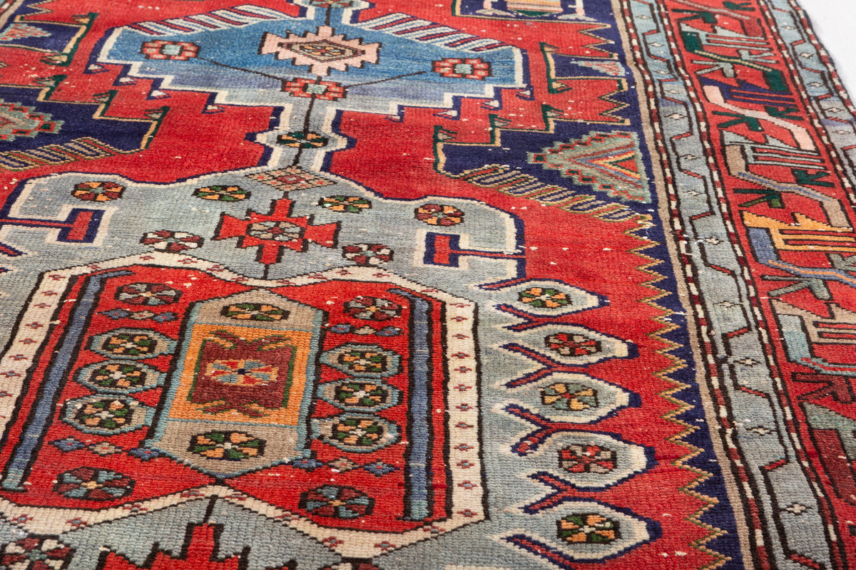 Rare Vintage Red, Light Blue Central Medallion Hand-Knotted Area Rug – 6' 10" x 4' 0" (208 x 122 cm)