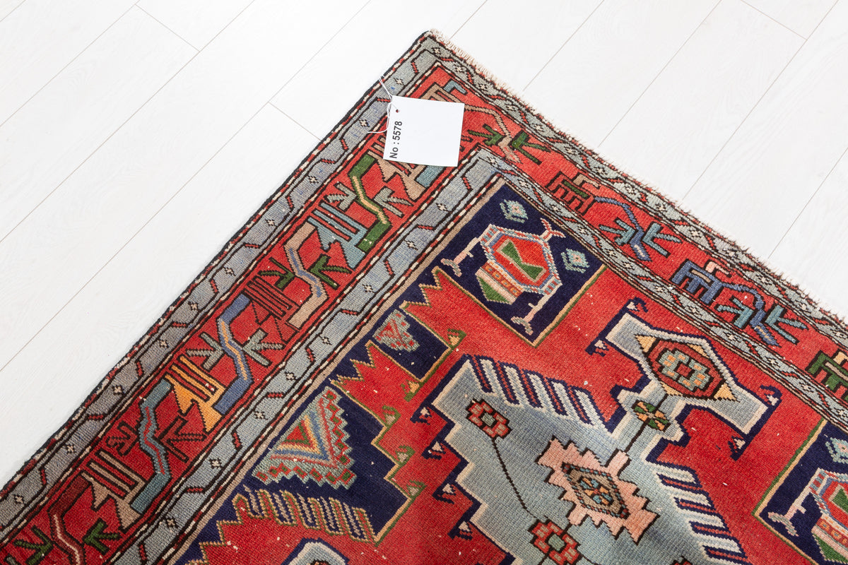 Rare Vintage Red, Light Blue Central Medallion Hand-Knotted Area Rug – 6' 10" x 4' 0" (208 x 122 cm)