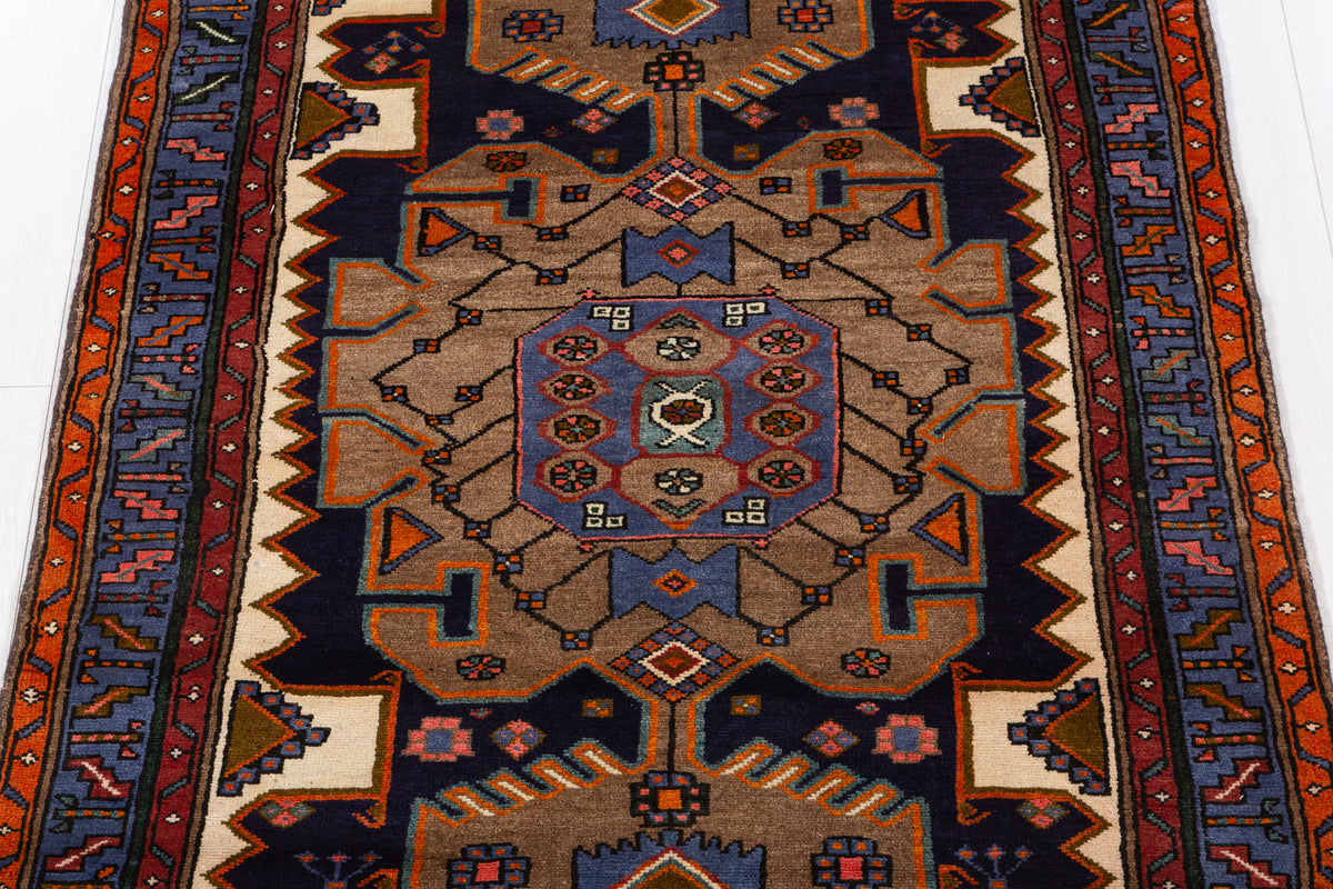 Rare Vintage Brown, Beige, Navy Blue, Blue Geometric Medallion Hand-Knotted Area Rug – 6' 5" x 4' 0" (195 x 122 cm)