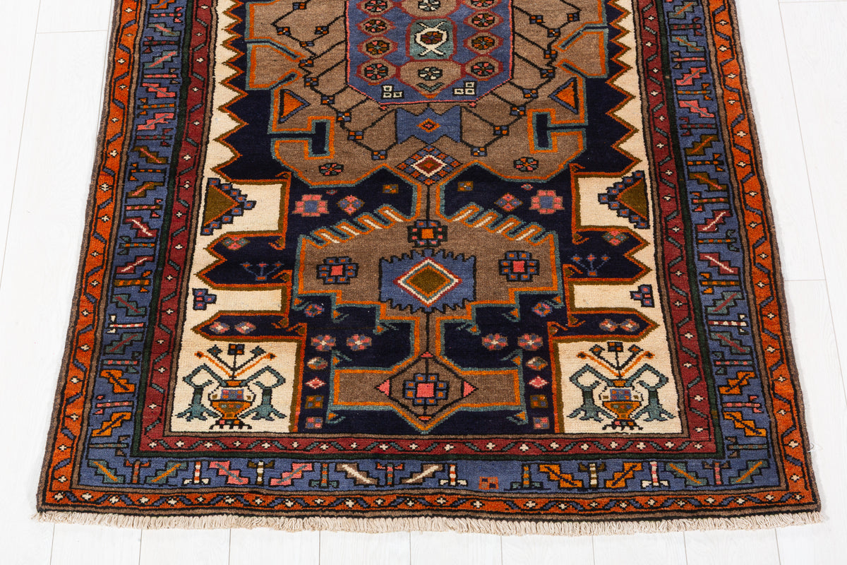 Rare Vintage Brown, Beige, Navy Blue, Blue Geometric Medallion Hand-Knotted Area Rug – 6' 5" x 4' 0" (195 x 122 cm)
