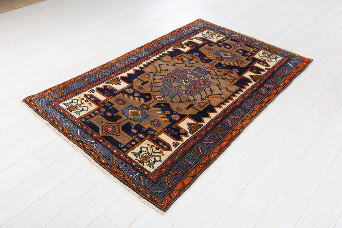 Rare Vintage Brown, Beige, Navy Blue, Blue Geometric Medallion Hand-Knotted Area Rug – 6' 5" x 4' 0" (195 x 122 cm)