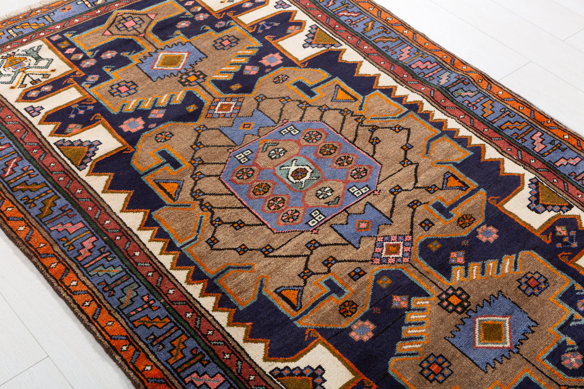 Rare Vintage Brown, Beige, Navy Blue, Blue Geometric Medallion Hand-Knotted Area Rug – 6' 5" x 4' 0" (195 x 122 cm)