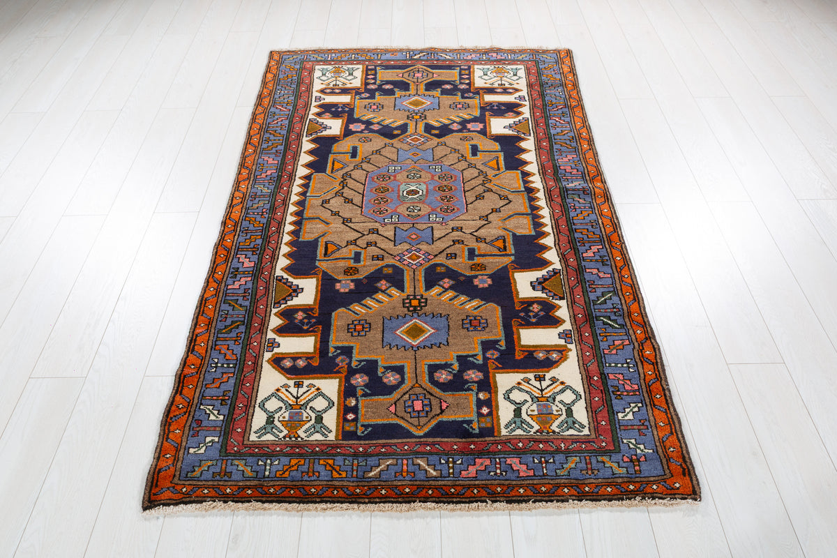Rare Vintage Brown, Beige, Navy Blue, Blue Geometric Medallion Hand-Knotted Area Rug – 6' 5" x 4' 0" (195 x 122 cm)