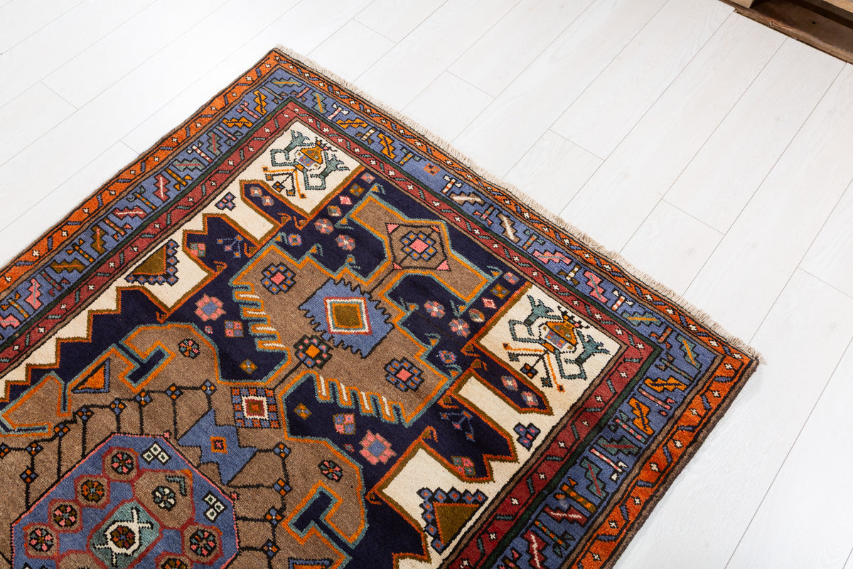 Rare Vintage Brown, Beige, Navy Blue, Blue Geometric Medallion Hand-Knotted Area Rug – 6' 5" x 4' 0" (195 x 122 cm)