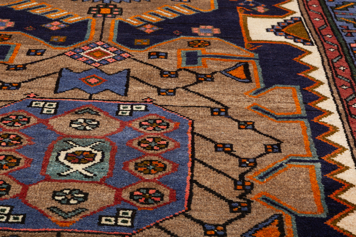 Rare Vintage Brown, Beige, Navy Blue, Blue Geometric Medallion Hand-Knotted Area Rug – 6' 5" x 4' 0" (195 x 122 cm)