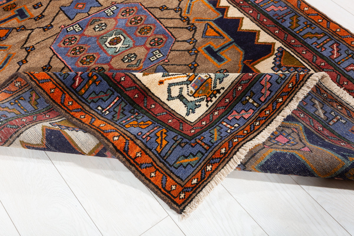 Rare Vintage Brown, Beige, Navy Blue, Blue Geometric Medallion Hand-Knotted Area Rug – 6' 5" x 4' 0" (195 x 122 cm)