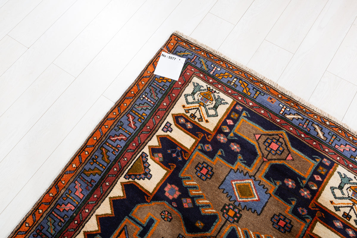 Rare Vintage Brown, Beige, Navy Blue, Blue Geometric Medallion Hand-Knotted Area Rug – 6' 5" x 4' 0" (195 x 122 cm)