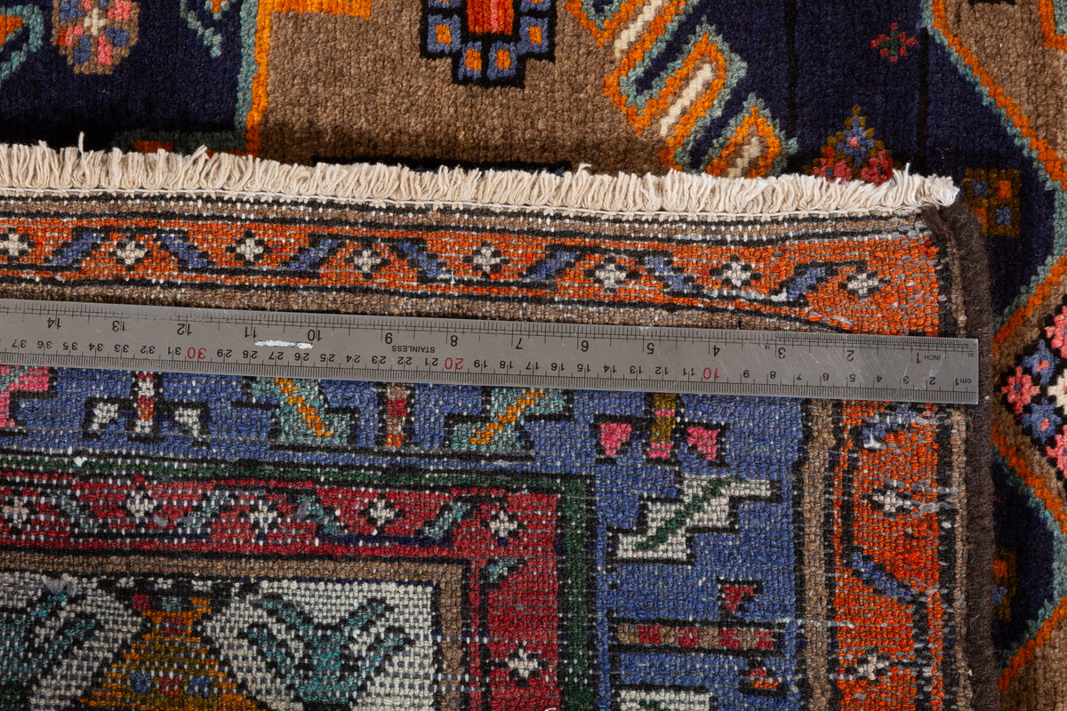 Rare Vintage Brown, Beige, Navy Blue, Blue Geometric Medallion Hand-Knotted Area Rug – 6' 5" x 4' 0" (195 x 122 cm)