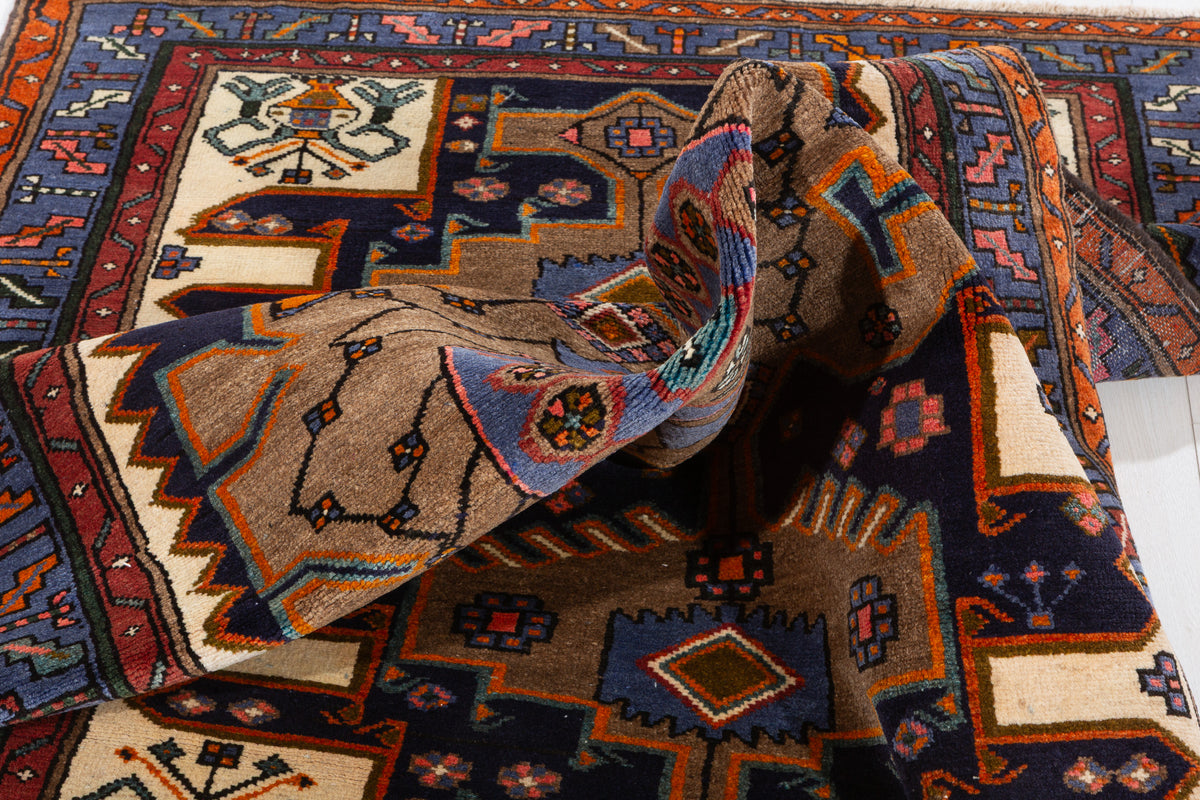 Rare Vintage Brown, Beige, Navy Blue, Blue Geometric Medallion Hand-Knotted Area Rug – 6' 5" x 4' 0" (195 x 122 cm)