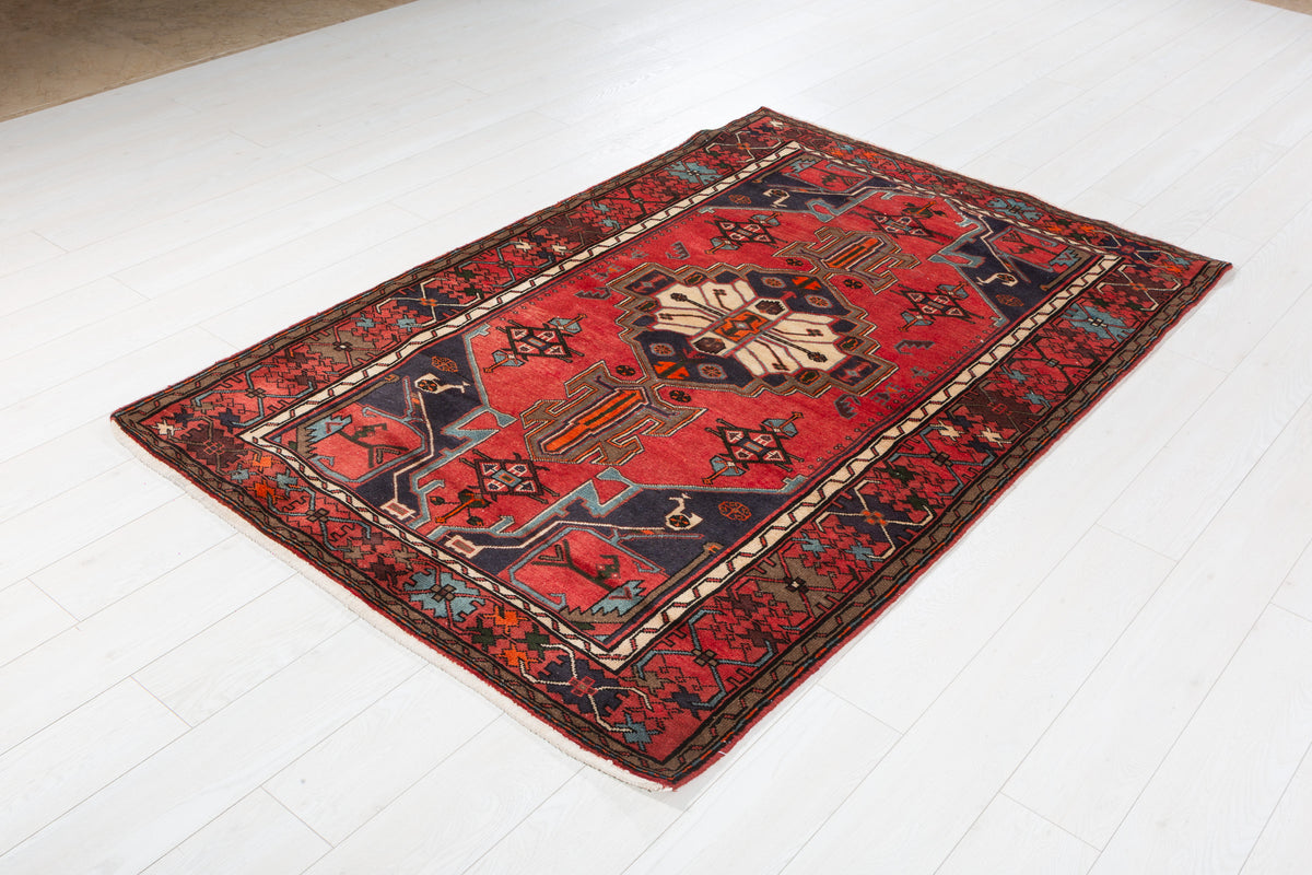 Rare Vintage Coral Red, Navy Blue Geometric Medallion Hand-Knotted Area Rug – 6' 5" x 4' 3" (195 x 130 cm)
