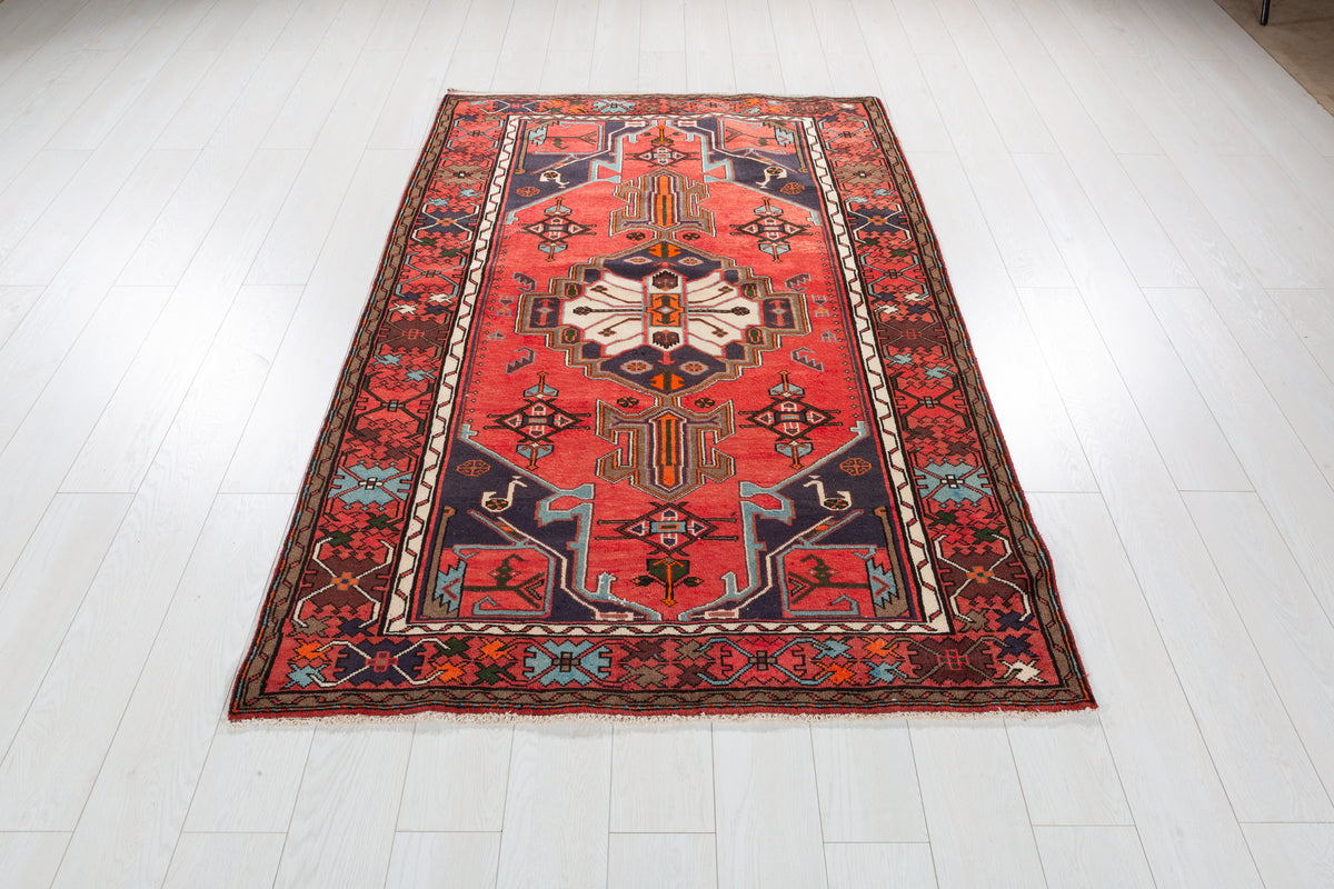 Rare Vintage Coral Red, Navy Blue Geometric Medallion Hand-Knotted Area Rug – 6' 5" x 4' 3" (195 x 130 cm)
