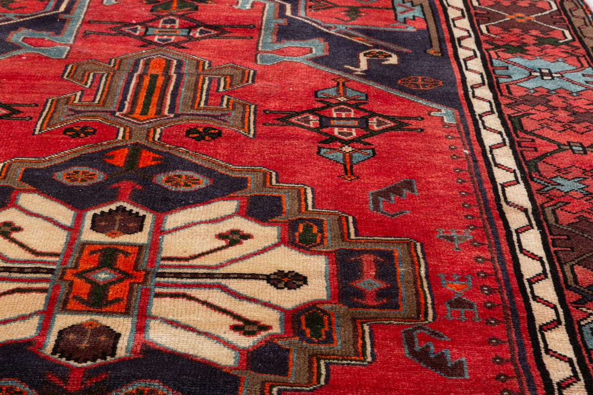 Rare Vintage Coral Red, Navy Blue Geometric Medallion Hand-Knotted Area Rug – 6' 5" x 4' 3" (195 x 130 cm)