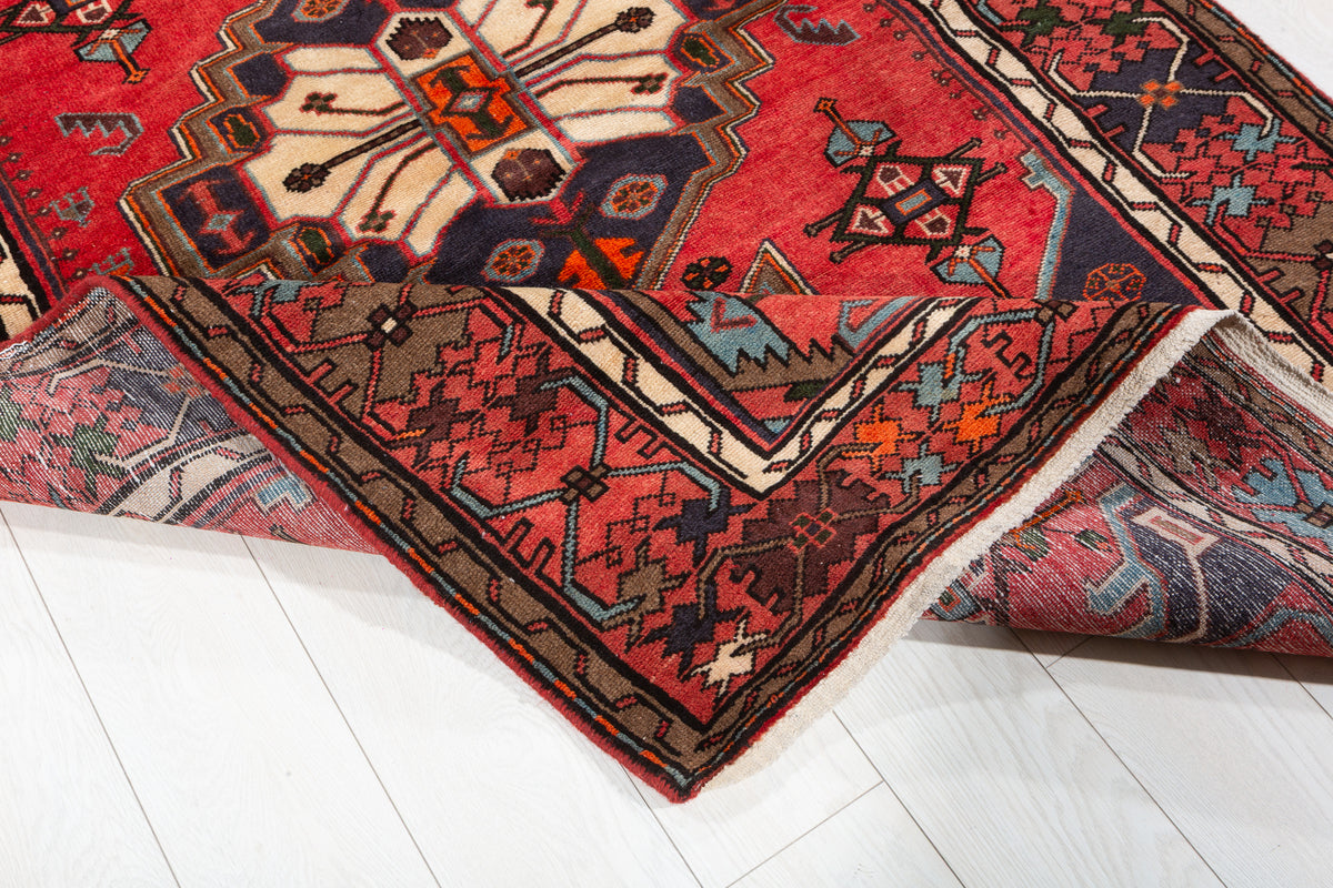 Rare Vintage Coral Red, Navy Blue Geometric Medallion Hand-Knotted Area Rug – 6' 5" x 4' 3" (195 x 130 cm)