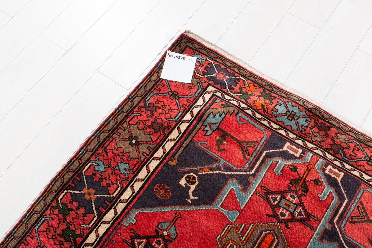 Rare Vintage Coral Red, Navy Blue Geometric Medallion Hand-Knotted Area Rug – 6' 5" x 4' 3" (195 x 130 cm)