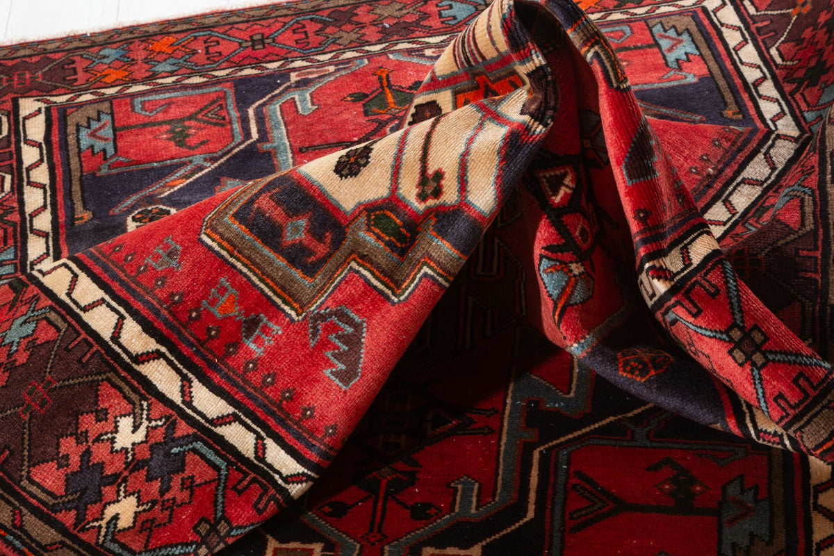 Rare Vintage Coral Red, Navy Blue Geometric Medallion Hand-Knotted Area Rug – 6' 5" x 4' 3" (195 x 130 cm)