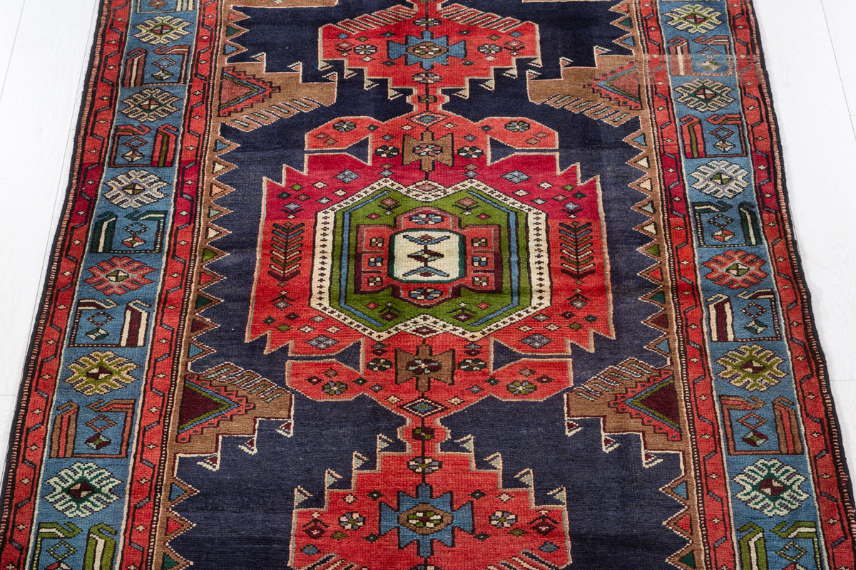 Rare Vintage Red, Navy Blue, Light Blue, Green and Brown Pictorial Geometric Hand-Knotted Area Rug – 6' 8" x 4' 3" (203 x 130 cm)