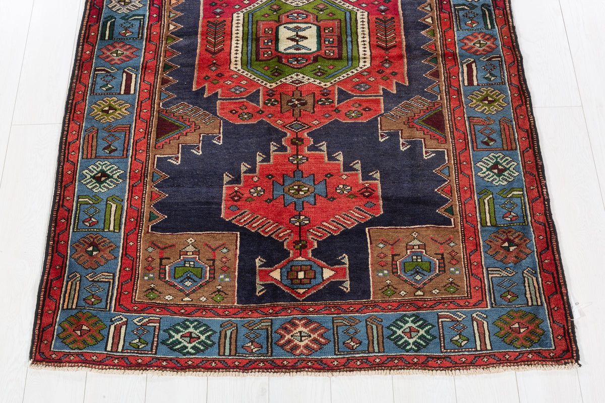 Rare Vintage Red, Navy Blue, Light Blue, Green and Brown Pictorial Geometric Hand-Knotted Area Rug – 6' 8" x 4' 3" (203 x 130 cm)