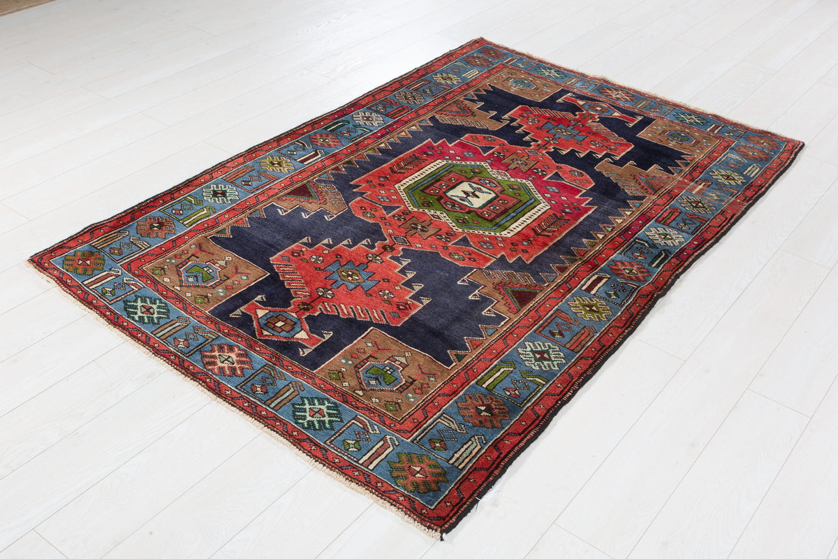 Rare Vintage Red, Navy Blue, Light Blue, Green and Brown Pictorial Geometric Hand-Knotted Area Rug – 6' 8" x 4' 3" (203 x 130 cm)